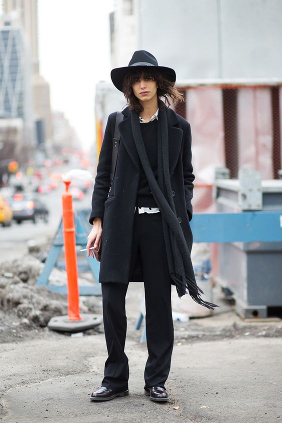 business casual | black wool mid-length coat felt wide brimmed hat long neck scarf | Girlfriend is Better