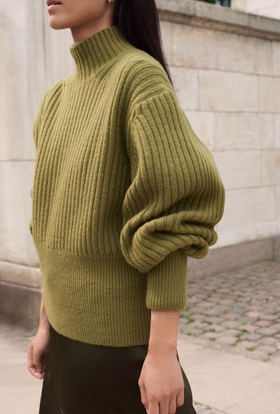 business casual | green balloon sleeves thick turtleneck wool sweater | Girlfriend is Better