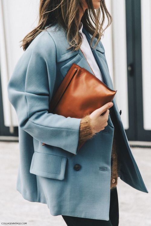 business casual | blue double-breasted blazer leather clutch oversized | Girlfriend is Better