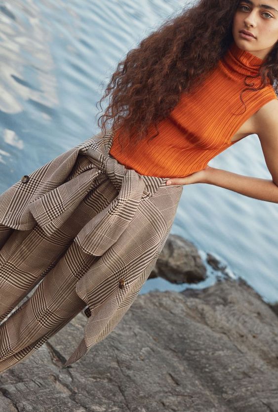 business casual | orange sleeveless turtleneck plaid pant suit work wear | Girlfriend is Better