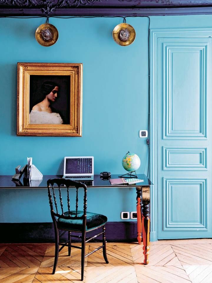 home office | dark wall paint blue portrait random person vintage desk | Girlfriend is Better