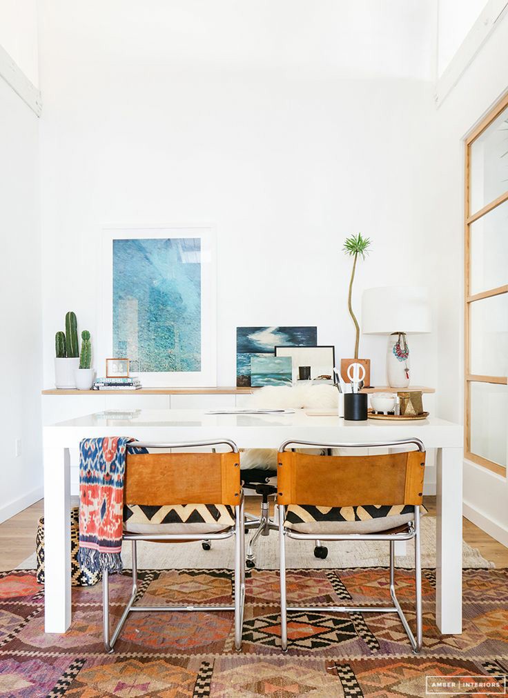 home office | Bohemian shared desk leather chairs watercolor | Girlfriend is Better