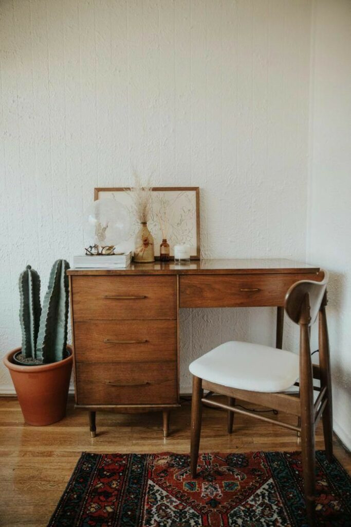 home office | Bohemian wood desk are rug Amber glass nook | Girlfriend is Better