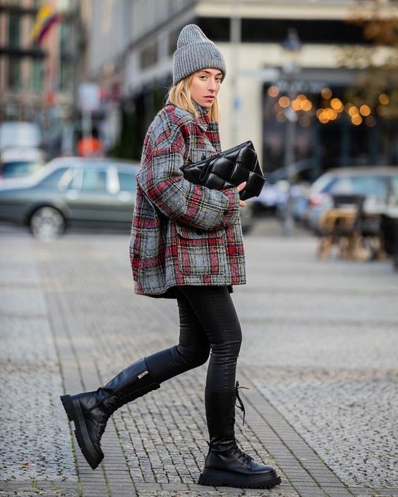 oversized clutches | quilted black leather structured winter layers plaid wool coat | Girlfriend is Better