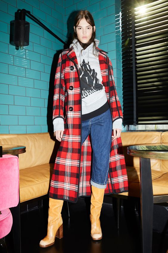 winter layers | red plaid mid-length coat hoodie sweatshirt tan boots | Girlfriend is Better