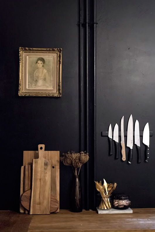 dark wall paint | moody kitchen portrait random person knives cutting boards hygge | Girlfriend is Better