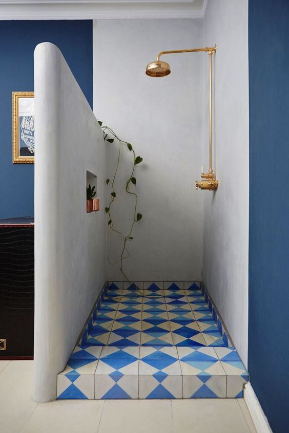 dark wall paint | blue graphic tile bathroom shower | Girlfriend is Better