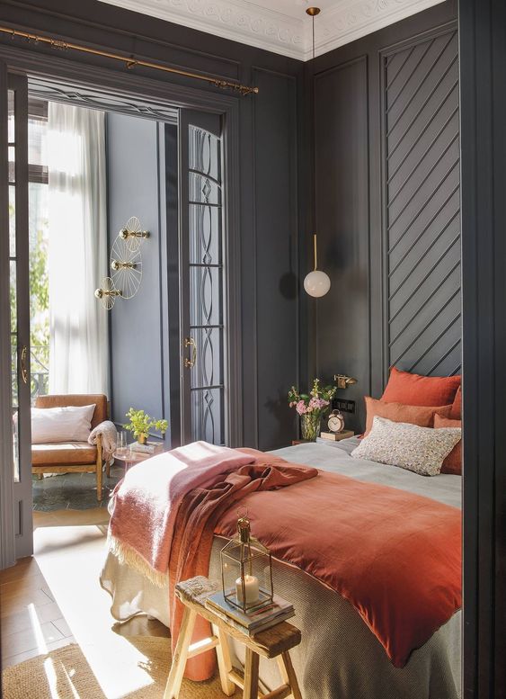 dark wall paint | blue bedroom moldings sun room french doors | Girlfriend is Better