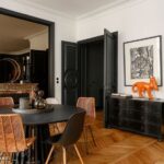 herringbone wood floors | dark wall paint dining room mid-century modern | Girlfriend is Better