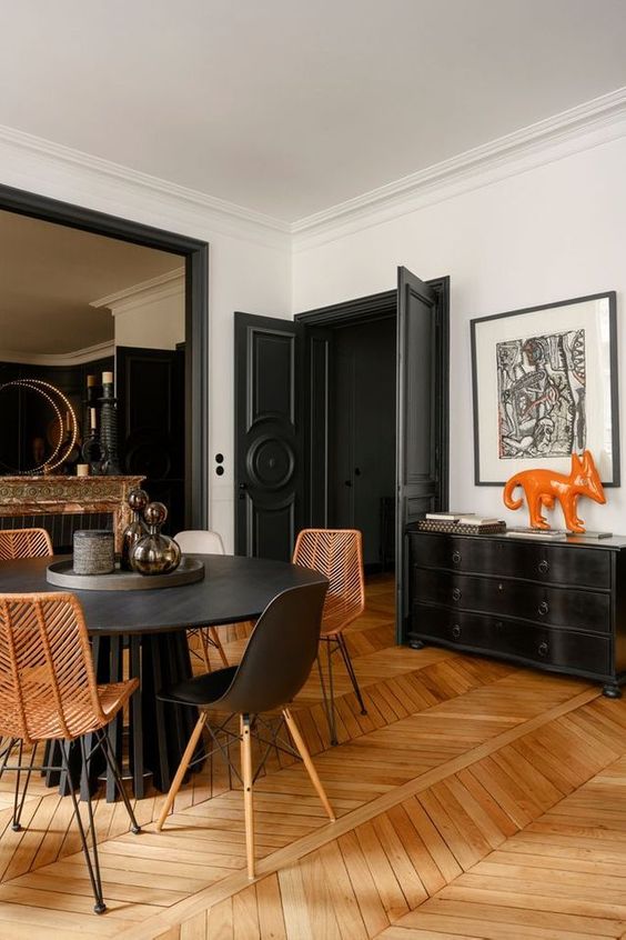 herringbone wood floors | dark wall paint dining room mid-century modern | Girlfriend is Better