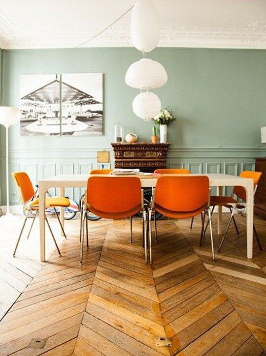 herringbone wood floors | dining room orange French country wall paneling | Girlfriend is Better