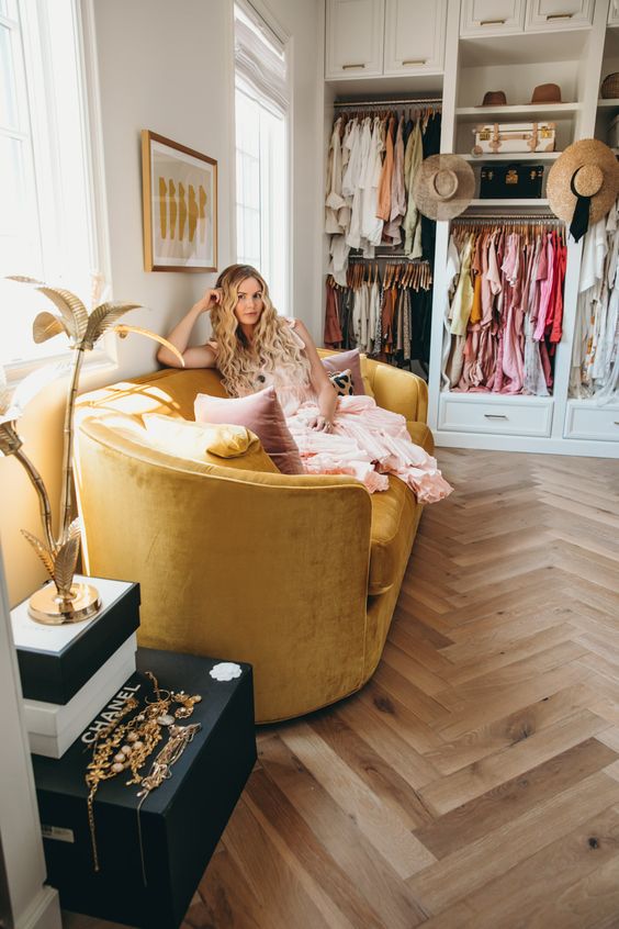 herringbone wood floors | yellow velvet sofa closet Bohemian | Girlfriend is Better