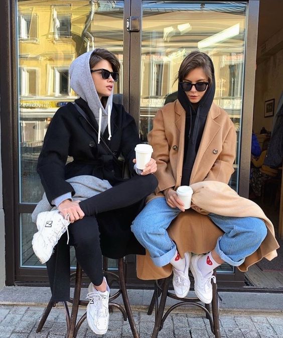 layering hoodies | BFF wool full-length coats tennis shoes | Girlfriend is Better