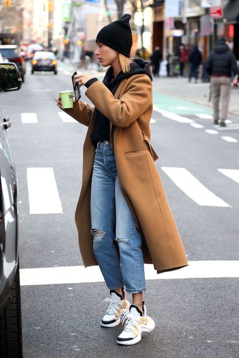 layering hoodies | black beanie camel trench coat barrel jeans tennis shoes street style | Girlfriend is Better