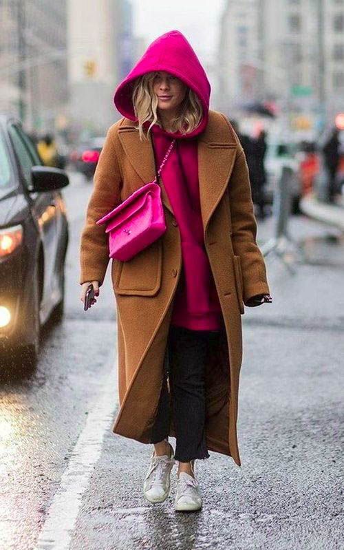 layering hoodies | hot pink camel full-length coat street style winter layers | Girlfriend is Better