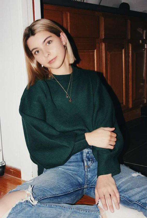 mock necks | green wool bishop sleeves distressed denim | Girlfriend is Better 