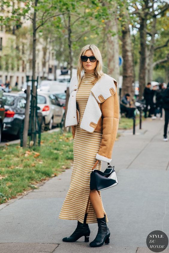 mock necks | yellow striped maxi sweater dress ankle boots fur-lined jacket | Girlfriend is Better