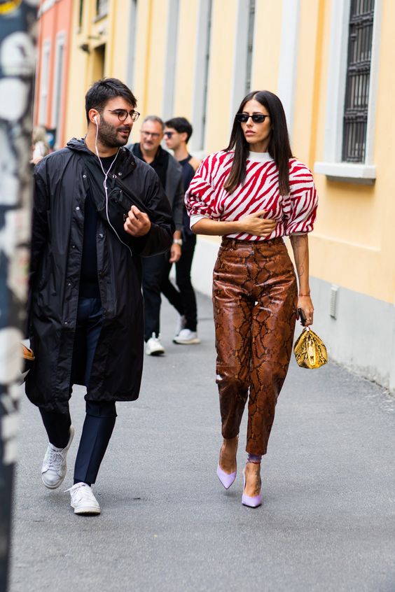 mock necks | red zebra sweater neutral snakeskin leather pants print mixing | Girlfriend is Better