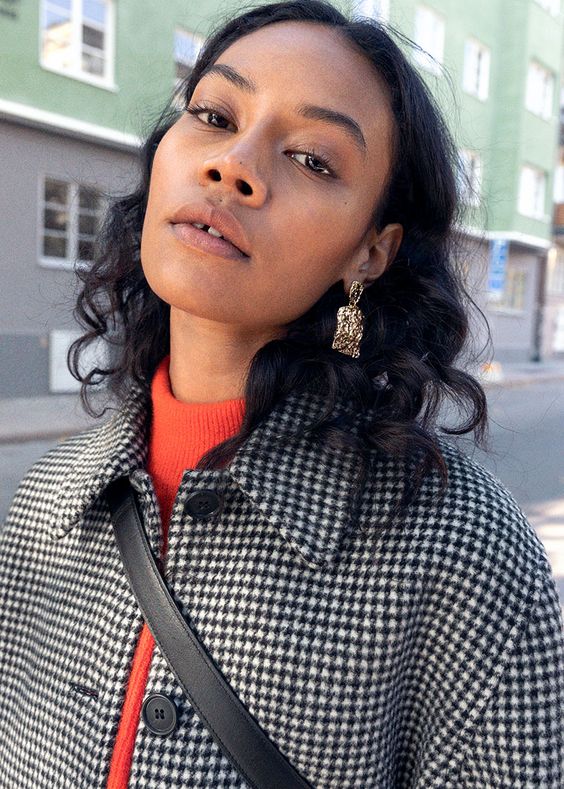 mock necks | red sweater houndstooth jacket statement earrings | Girlfriend is Better