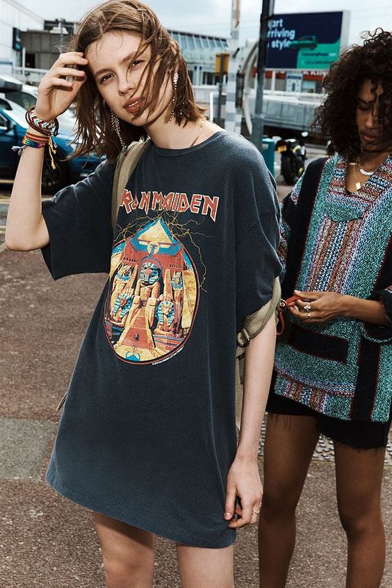 modern grunge | oversized graphic tee Iron Maiden Mexican poncho 90s fashion | Girlfriend is Better