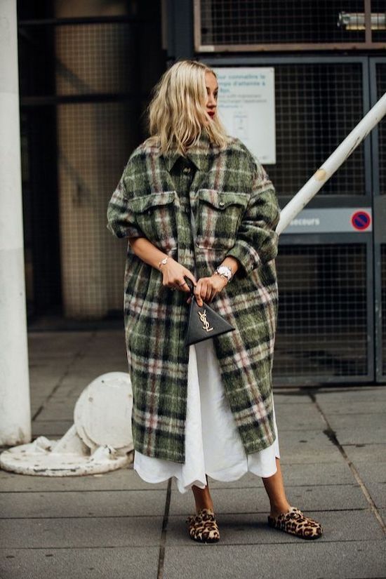 modern grunge | oversize wool flannel coat white dress cheetah Birkenstock mules 90s fashion | Girlfriend is Better