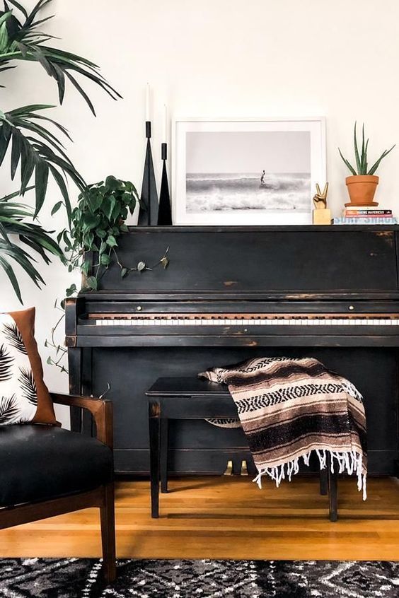 vintage black pianos | wood water element Feng Shui Mexican blanket | Girlfriend is Better