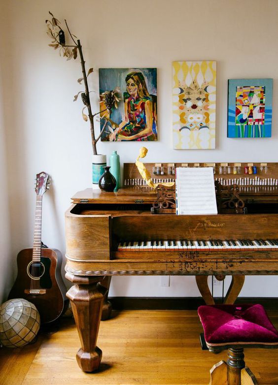 vintage Bohemian pianos | guitar gallery wall art sculptures eclectic creativity | Girlfriend is Better