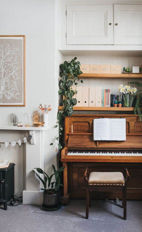 pianos | nook sheet music organization open shelving plants | Girlfriend is Better