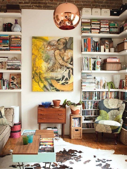 bookshelves | home library maximalism wingback chair abstract art Bohemian | Girlfriend is Better