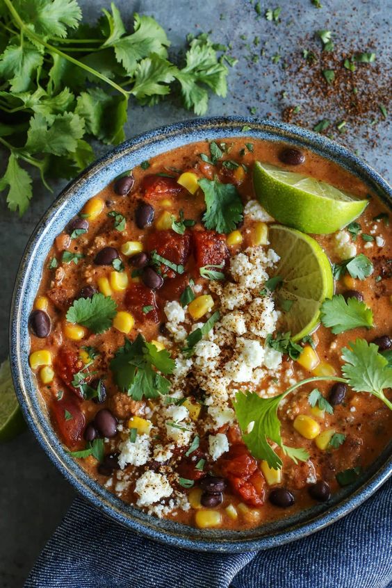 chili recipes | Creamy Enchilada ground turkey tomato cumin chipotle black beans cotija cheese | Girlfriend is Better