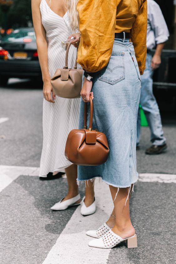 denim skirts | diy tutorial mid-length upcycle jeans work wear blouse neutrals mules | Girlfriend is Better