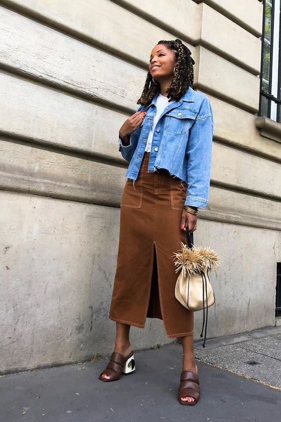 denim skirts | brown neutrals from slit jean jacket | Girlfriend is Better