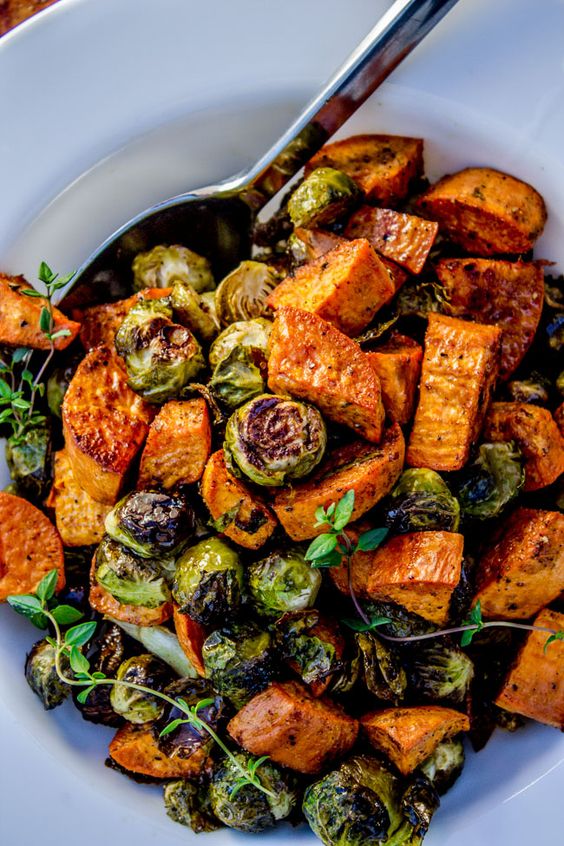 February's seasonal vegetables | roasted sweet potatoes Brussels sprouts thyme vegan vegetarian recipes | Girlfriend is Better