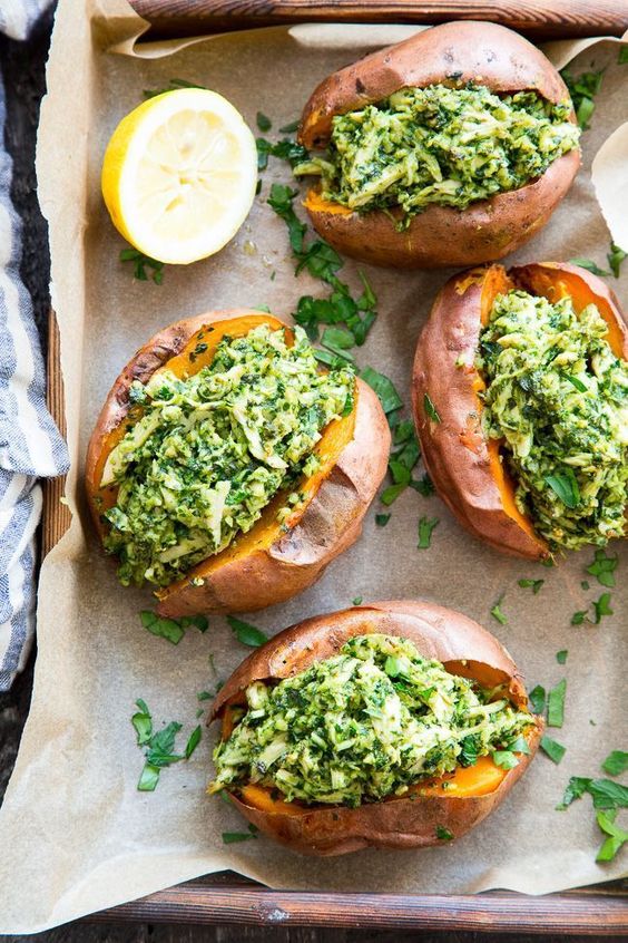 February's seasonal vegetables | chicken pesto stuffed sweet potatoes paleo whole30 recipes | Girlfriend is Better