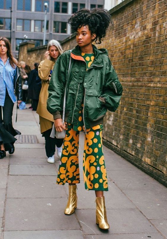 gold boots | 70s print pant suit green jacket street style | Girlfriend is Better