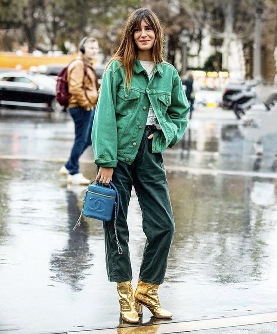 gold boots | green barrel jeans denim jacket monochromatic spring fashion | Girlfriend is Better