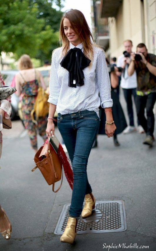 gold boots ankle | pussy bow blouse denim skinny jeans street style | Girlfriend is Better