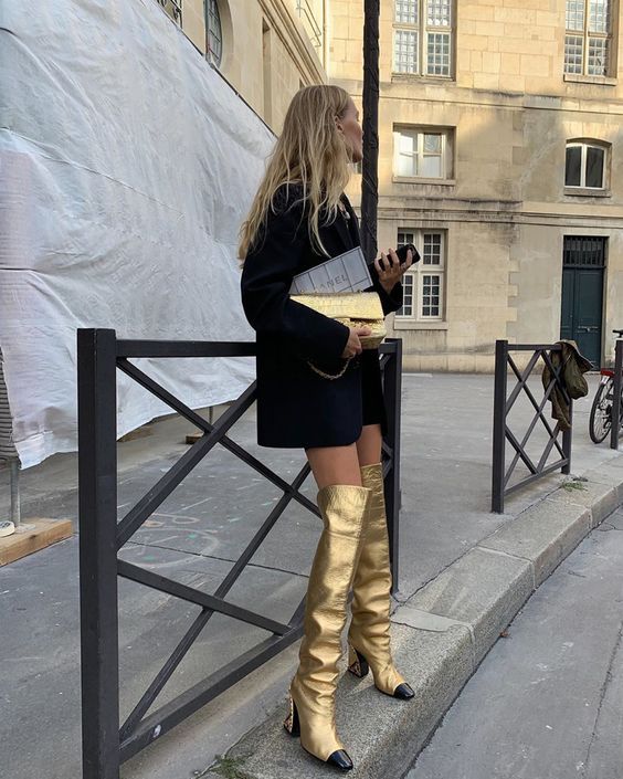 gold boots | over knee black double-breasted blazer oversized clutch | Girlfriend is Better