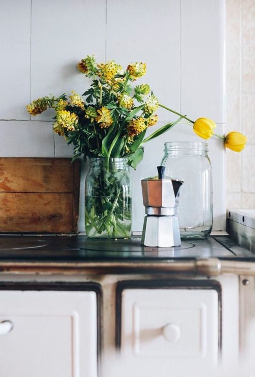 hygge hostess | yellow wildflowers espresso kettle vintage kitchen easy entertaining | Girlfriend is Better