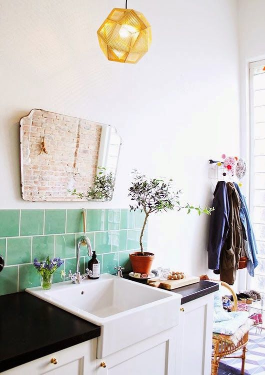 bathroom sinks | square French country green backsplash tile | Girlfriend is Better