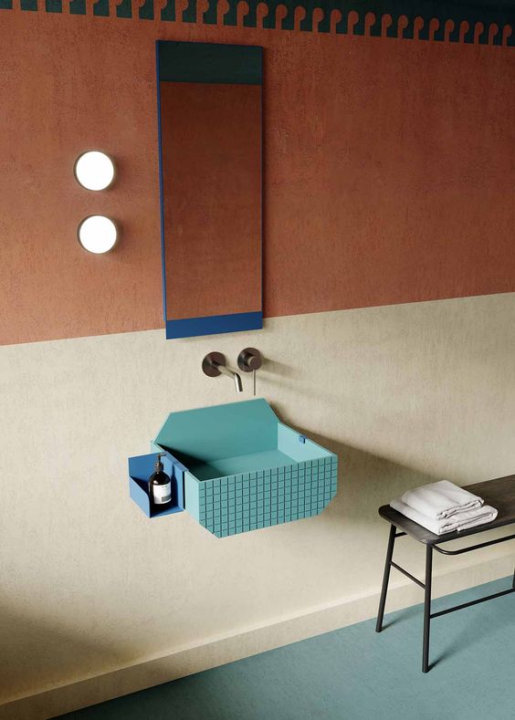 bathroom sinks | American Pop artist retro architecture teal desert vibes | Girlfriend is Better