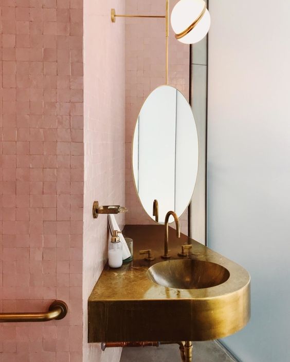 bathroom sinks | gold brass abstract shape pink tile | Girlfriend is Better