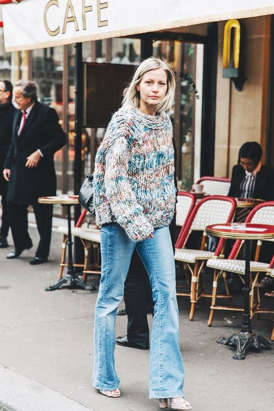 dropped shoulder sleeves | oversized knit sweater flare jeans French girl cool | Girlfriend is Better