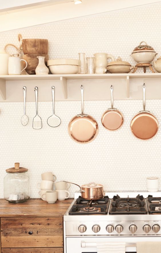 kitchen utility hooks | hanging copper pots pans cooking utensils stove hygge | Girlfriend is Better