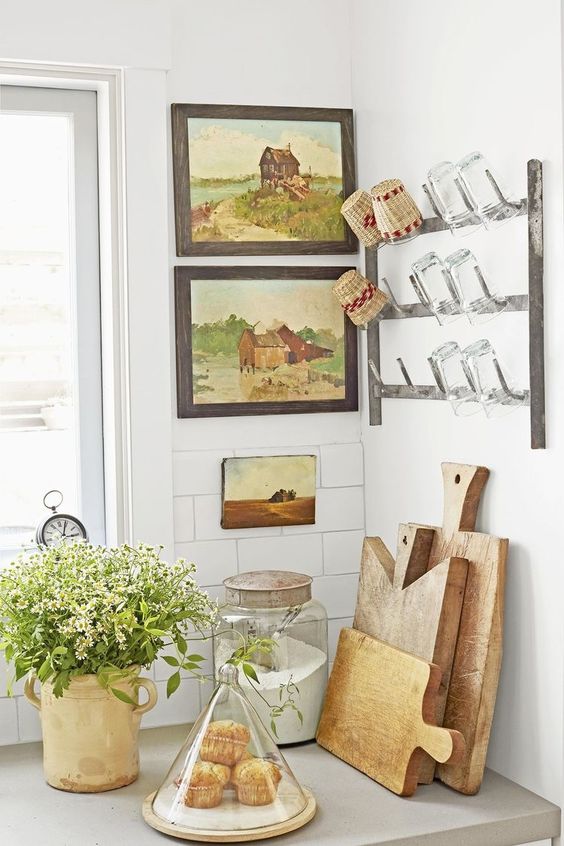 kitchen utility hooks | landscape paintings hanging rack cups glasses cutting boards | Girlfriend is Better