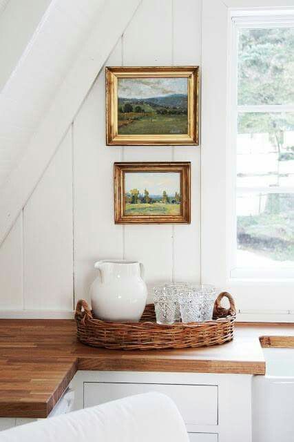 landscape paintings | Hygge hostess vignette kitchen window vintage frames | Girlfriend is Better