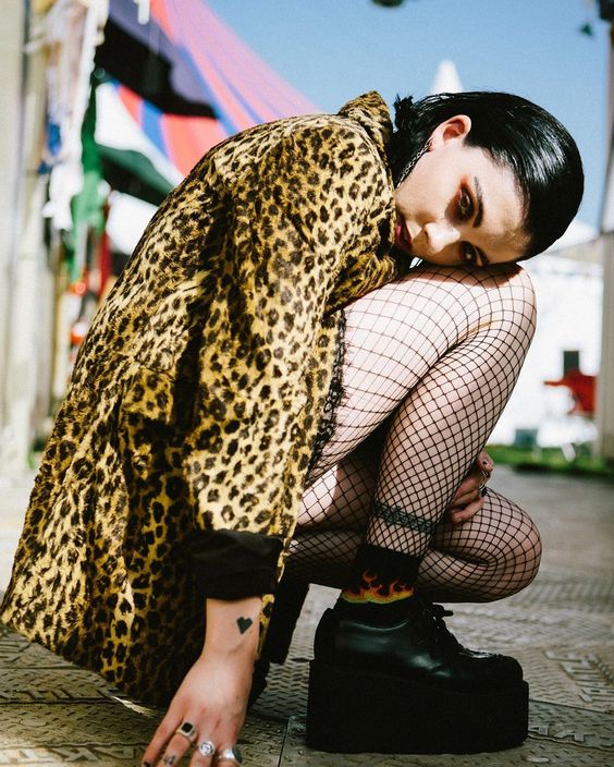 leopard print | modern grunge belted jacket fishnet tights platform shoes | Girlfriend is Better