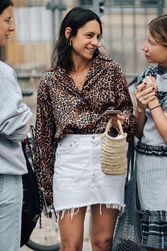 leopard print | silk blouse white denim skirt straw top handle purse | Girlfriend is Better