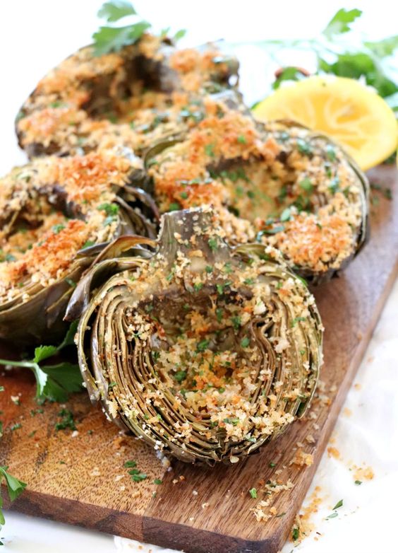 March's seasonal vegetables | roasted artichokes healthy recipe panko parmesan | Girlfriend is Better