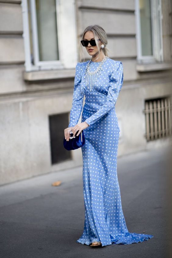 retro romance | Victorian Edwardian maxi dress puff shoulders polka dot blue | Girlfriend is Better